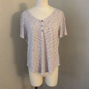 Denver Hayes Pale Pink and Grey Striped Short Sleeve V-Neck Top Sz L